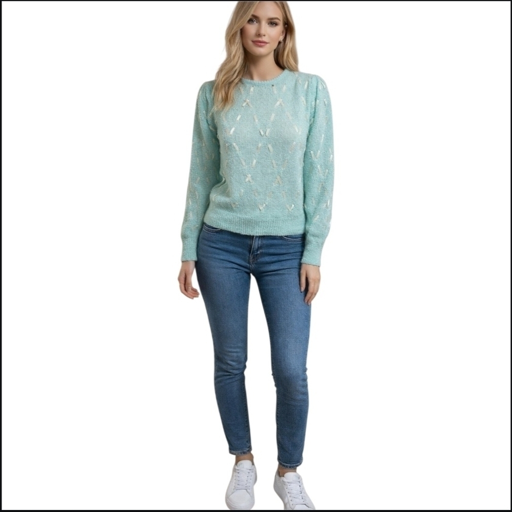 Aqua Knit Sweater with Bow Details & Puff Sleeves | 100% Acrylic | Size S.